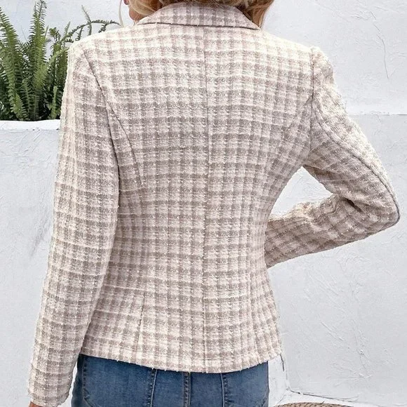 Apricot Elegant Womens Plaid Pattern Double Breasted Flap Detail Blazer - Picture 2 of 5